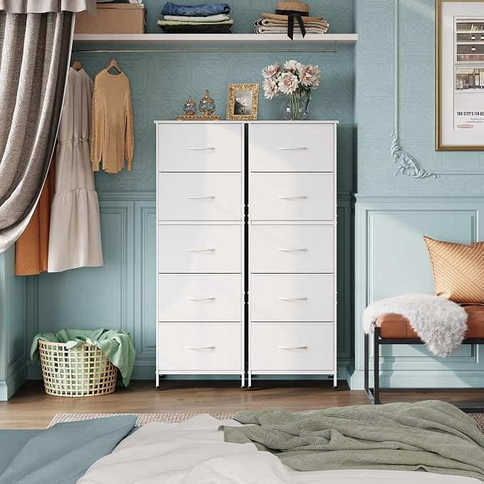 WLIVE Fabric Dresser, 5-Drawer Tall Dressers for Bedroom, Storage Dresser Organizer with Fabric Bins, Wood Top, Sturdy Steel Frame, Chest of Drawers for Closet, Hallway, White - Image 4