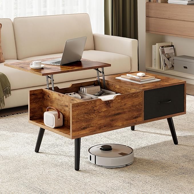 Yaheetech Coffee Table with Storage,39.5'' Lift Top Coffee Table,Hidden Storage Compartment,Foldable Drawer,Lift Tabletop Dining Center Table for Home Living Room Office,Rustic Brown
