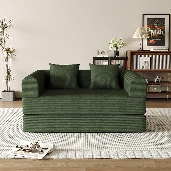 53.15'' Convertible Compressed Corduroy Folding Cloud Sofa Bed, Modern Boneless Pull Out Loveseat Sleeper in a Box, 4 in 1 Floor Mattress Futon Cloud Couch, No Assembly Needed, Green, 2 Pillows, Full