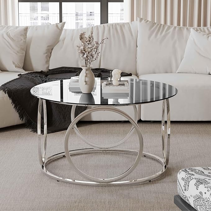 32" Tempered Glass Round Coffee Table Modern Chrome Frame Ring Base Single-Layer Circle Living Room Center Tables