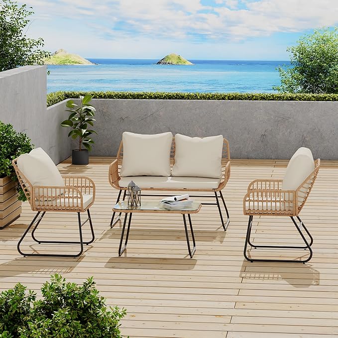 LEX CRAFT 4-Piece Wicker Outdoor Patio Furniture Set with Cushions & Tempered Glass Table, All-Weather Rattan Bistro Set with Loveseat Chairs Table Soft Cushions for Garden, Porch, Backyard (Beige)
