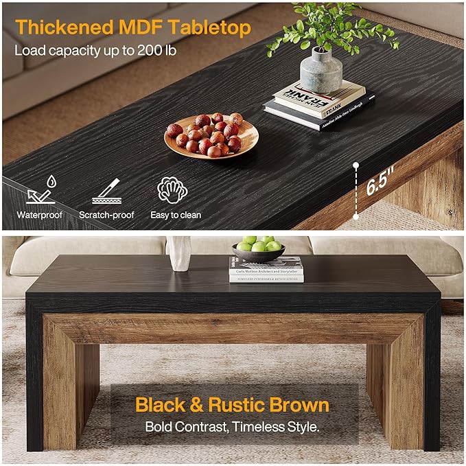 Tribesigns 47-Inch Coffee Table for Living Room, Mid-Century Modern Coffee Table with Sturdy Base, Farmhouse Rectangle Accent Center for Apartment, Easy Assembly (Black & Walnut)