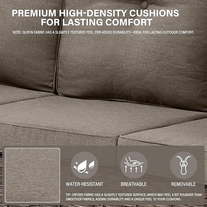 Belord 8 Pieces Patio Conversation Set with 43” Propane Fire Pit Table, Outdoor Sectional Furniture Sofa Set with Removable Gray Cushions for Patio Deck Backyard Brown