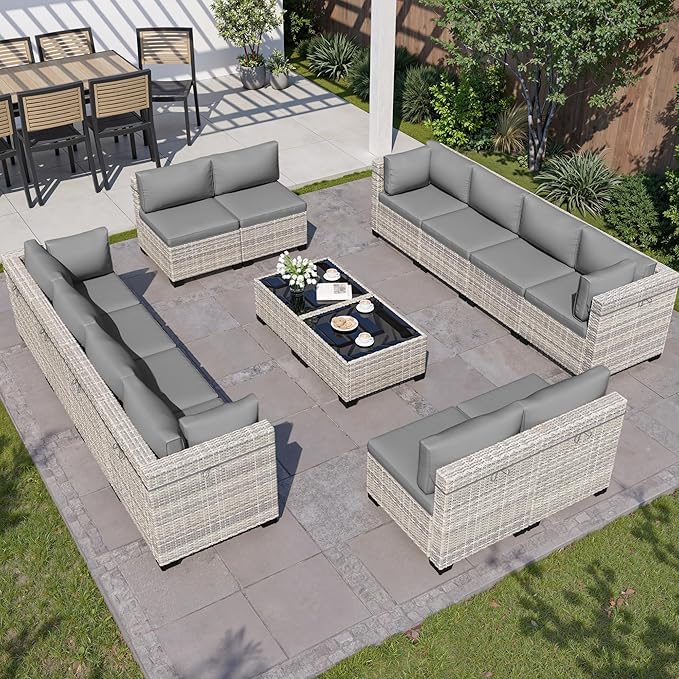 14-Piece Outdoor Patio Furniture Set, PE Wicker Rattan Sectional Sofa Conversation Set with Tempered Glass Table & Thick Cushions - All-Weather Garden, Backyard Furniture, Grey