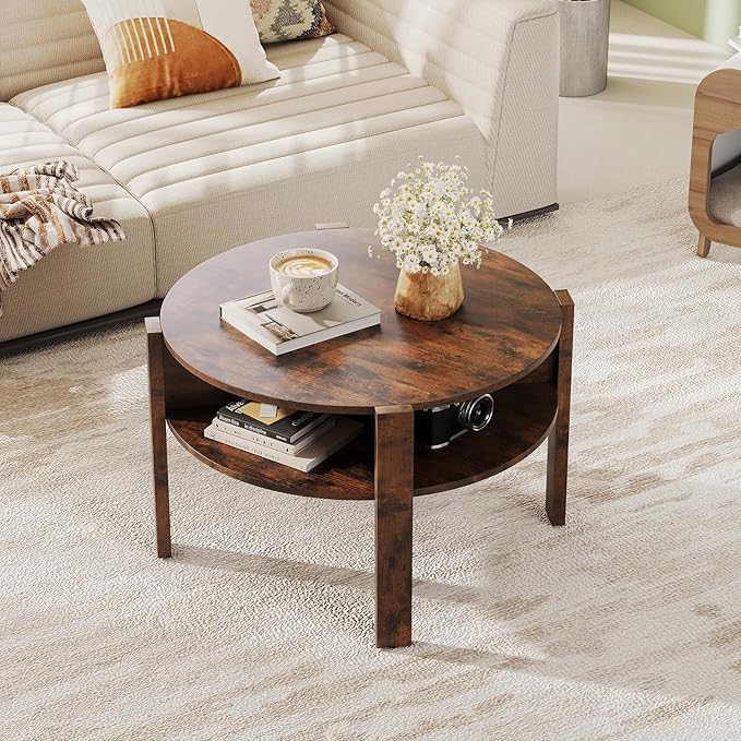 Tangkula Round Coffee Table, 29.5” 2-Tier Circle Cocktail Center Table with Storage Shelves, for Small Spaces, Living Room (Rustic Brown)