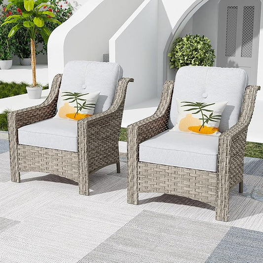 HOOOWOOO 2 Piece Patio Chairs Set,Outdoor Wicker Chairs,All Weather Resistant High Back Rattan Deck Chairs Matching Furniture(Light Grey Gray)