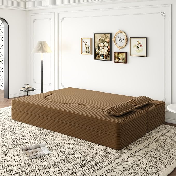 KEIKI Floor Sofa Bed with 2 Pillows, Convertible Plush Corduroy Couch, 15" Foam Folding Mattress Sleeper Floor Couch for Adults, Compression Sofa Lounge Bed, Camel