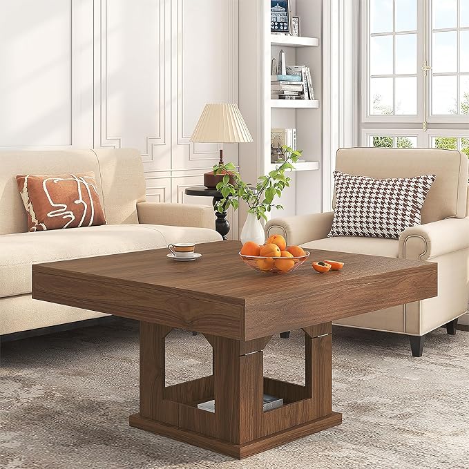 Square Coffee Table, Wood Coffee Table with Storage, Farmhouse Cat House Low Center Tables Cocktail Table for Living Room, Rustic Brown