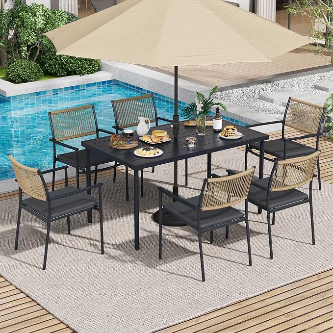 7 Pieces Outdoor Dining Set for 6, Large Steel Dining Table with Umbrella Hole, Wicker Patio Table and Rattan Chairs for Garden, Deck, Yard, Porch, Matte Metal Spray Coating Patio Dining Set, Black by Unknown