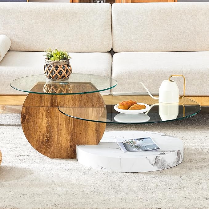 42" Glass Coffee Table, Round Coffee Table, 2-Tier Tempered Glass Tabletop with White and Wood Base, Modern Center Table for Living Room, Home, Apartment, Ideal for Small Space