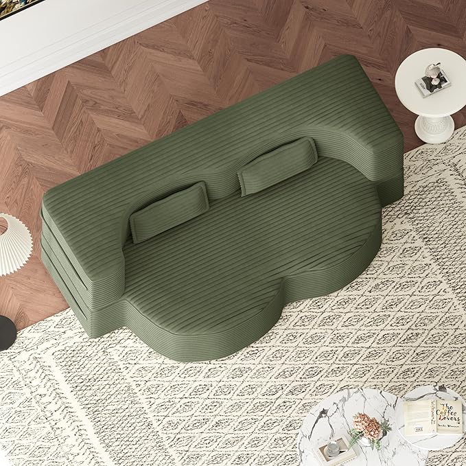 KEIKI Corduroy Floor Sofa Convertible Couch, Full Size 15" Foam Folding Mattress Sleeper Sofa Bed with 2 Pillows, Lounge Floor Couch for Bedroom & Living Room, Green