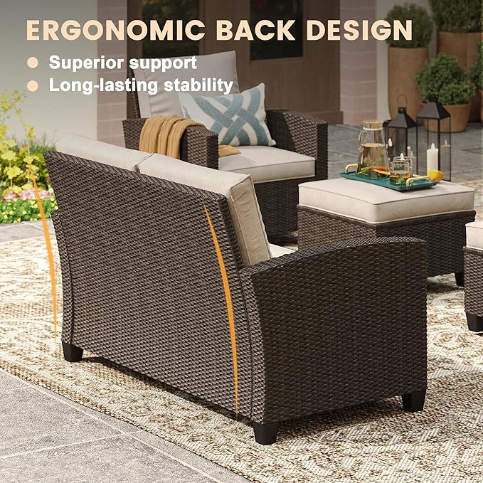 VICLLAX Patio Furniture Set 7 Pieces Wicker Outdoor Conversation Set, 3-Seat Sofa with 4 Single Sofa Chairs and 2 Ottomans for Garden, Poolside, Backyard, Beige Cushion