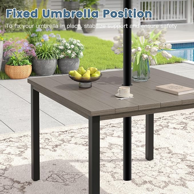 DIFY 5 Pieces Outdoor Patio Dining Set for 4, 40.2" Grey Wood-Like Square Metal Dining Table and 4 Sandshell Stackable Textilene Patio Chairs, Outdoor Table and Chairs for Backyard Garden Poolside - Image 3