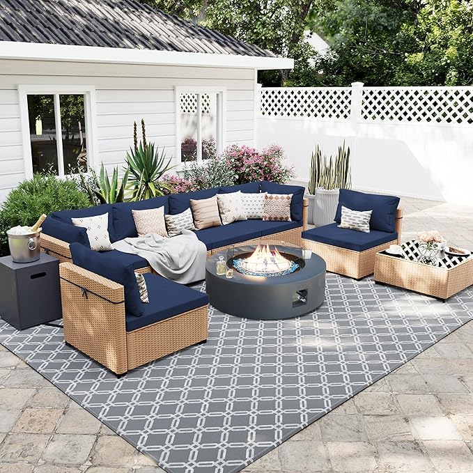 UPHA 9 Pieces Patio Furniture Sets, Wicker Outdoor Sectional Sofa Couch with Round Propane Pit for Deck Backyard Garden, Beige Rattan, Navy Blue Cushion