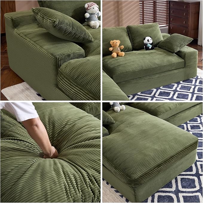 L Shaped 4 Seater Sofa, Modern Modular Sofa with 3 Back Cushions & 2 Coordinating Pillows, 98'' Corduroy Leisure Combination Couch with Wide Seat & High-Resilience Foam for Living Room, Green
