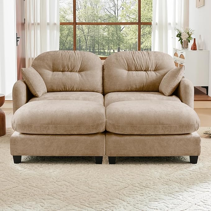 KEIKI 74" Oversized Chenille Modular Sectional Loveseat Sofa with 2 Ottoman, High-Density Foam Cushions, Tufted Pleated Cushion Backrest, Modern 2-Seater Couch with 2 Pillow, for Living Room, Camel