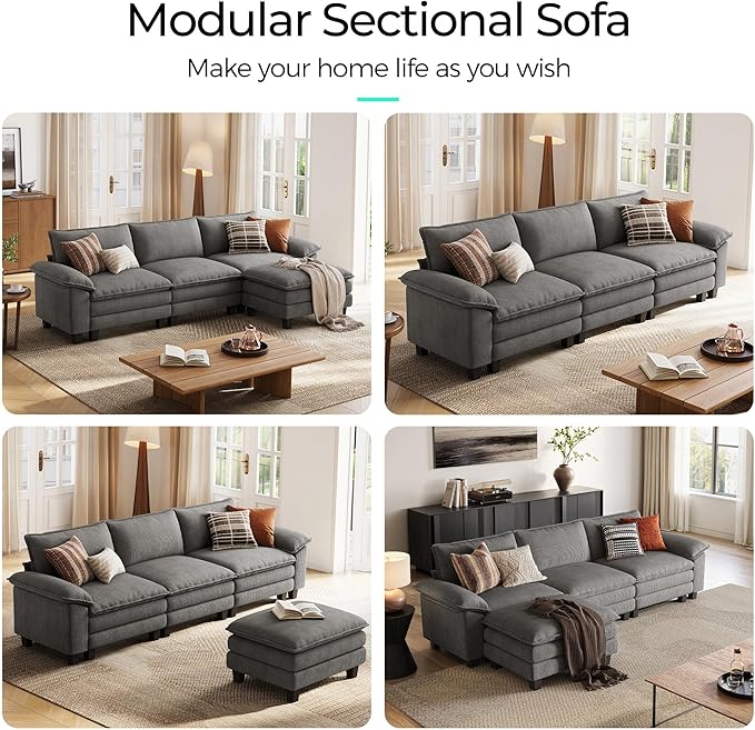 LINSY HOME 123'' Modular Sectional Sofa Grey Couch Corduroy Cloud Couches for Living Room, L Shaped Couch with Movable Ottoman, Modern Cloud Sectional Sofas for Bedroom and Apartment, Grey