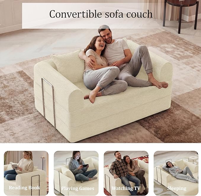 HouseMila 59" Boneless Couch,4-in-1 Futon Sofa Bed Modular Loveseat Sleeper Folding Compressed Couch with Pillows,No Assembly Required Convertible Sofa Bed for Living Room Bedroom Guest Room,Beige