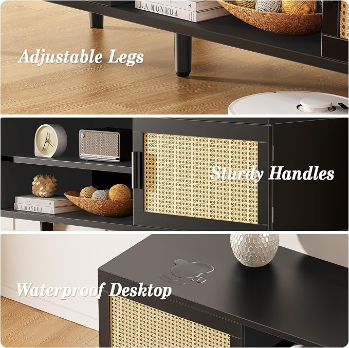 SUPERJARE TV Stand for 65 Inch TV, Entertainment Center with Adjustable Shelf, Rattan TV Console with 2 Cabinets, Media Console, Solid Wood Feet, 4 Cord Holes, for Living Room, Black - Image 9