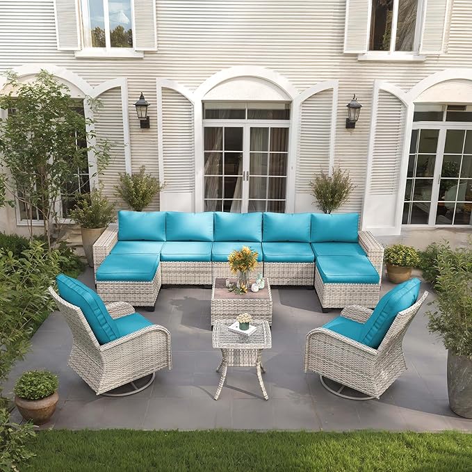 Outdoor Patio Furniture Set with Rocking Swivel Chair Wicker Sectional Sofa Set, 11-Piece Patio Conversation Set with Ottomans and Coffee Table for Garden, Turquoise