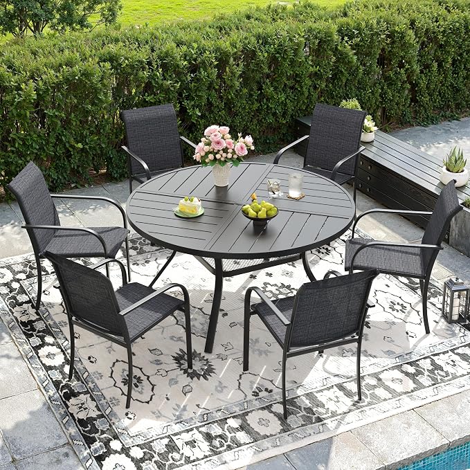DIFY Patio Dining Set for 6, 7 Piece Outdoor Table and Chairs Set, 47.2" Black Round Metal Patio Dining Table and 6 Grey Textilene Stackable Patio Chairs, for Backyard Garden Poolside by DIFY