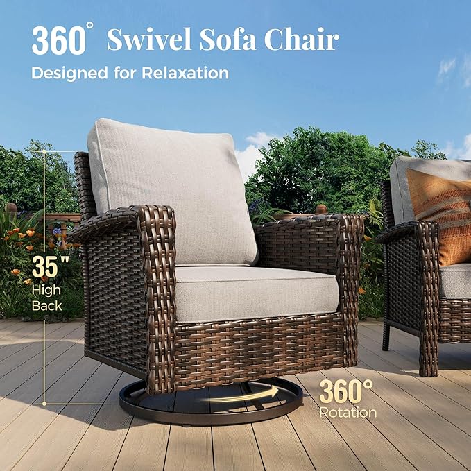 6-Piece Wicker Patio Furniture Set with Swivel Chairs, High Back Outdoor Furniture with 5.5-inch Thick Cushion and Ottoman, All-Weather Wicker Patio Conversation Set for Deck Yard Pool, Grey