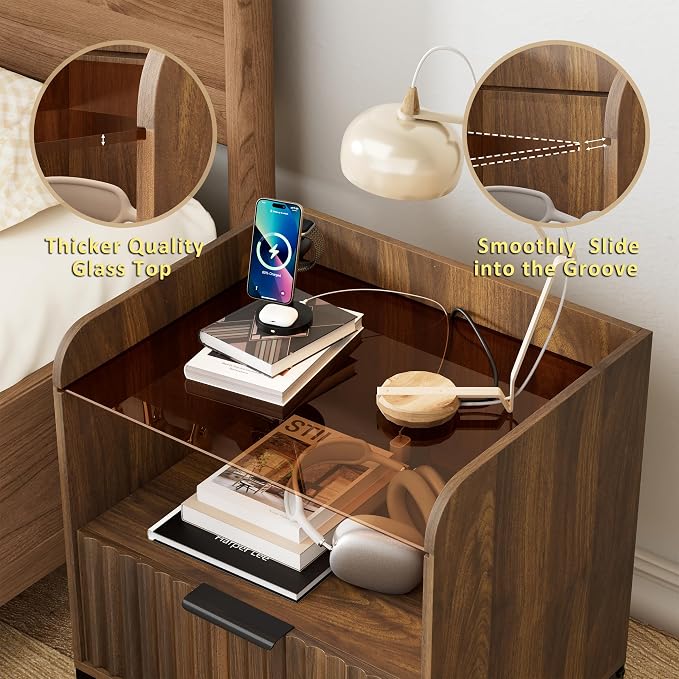 HQZX Nightstand Set of 2 with Charging Station, Mid Century Modern Night Stand, Fluted Bedside Table with Glass Top & Metal Legs, Wood End Table for Bedroom, Living Room (Walnut) - Image 5