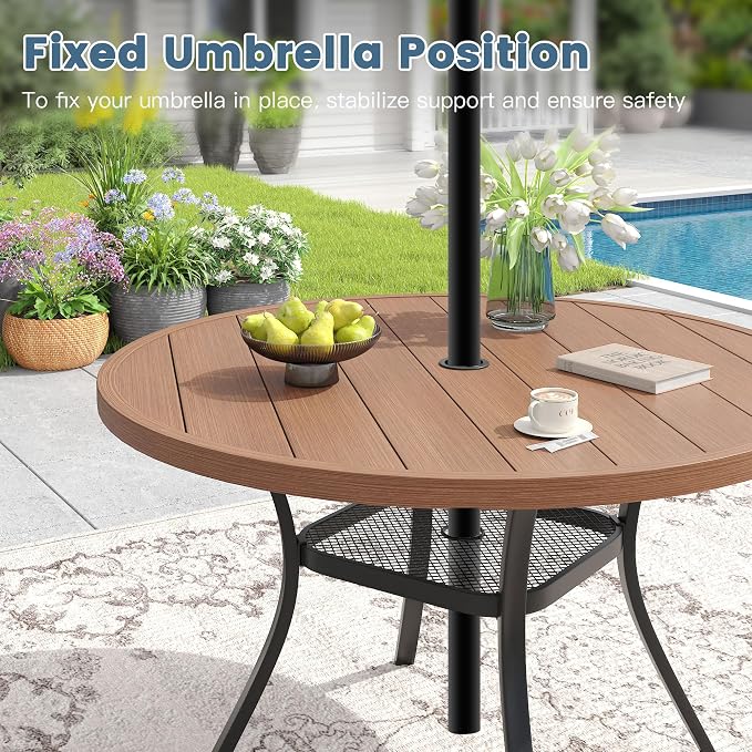 DIFY Outdoor Dining Set for 6, Patio Dining Furniture Set Includes 47.2" Walnut Round Table with Adjustable Umbrella Hole and 6 Brown Stackable Metal Chairs for Poolside, Garden, Backyard - Image 6