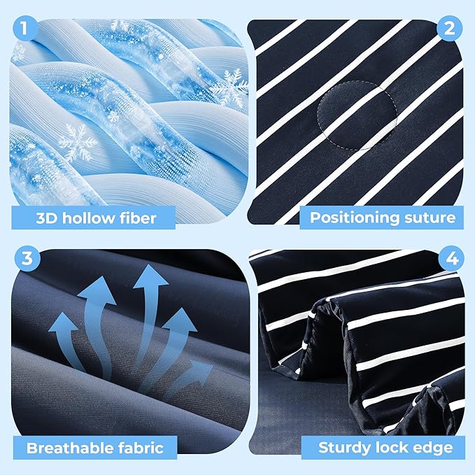 Pinstripe Cooling Comforter Queen Size, Q-Max 0.45 Reversible Striped Cooling Blanket for Hot Sleepers, Breathable Lightweight Silk Smooth Summer Bedding, Quilted Ice Blanket, Navy Blue