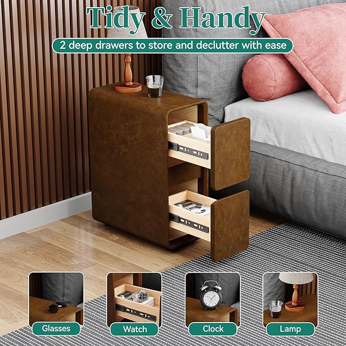 7.8" W Faux Leather Narrow Nightstand, Modern Fully-Assembled Bedside Table with 2 Drawers, Wood Night Stand Small Accent End Table & Side Table for Bedroom, Brown - Image 3