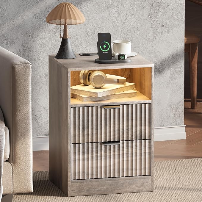 Wodeer LED Nightstand with Charging Station, Fluted Nightstand Set of 2, Wood Nightstands with 2 Drawers & Metal Handles, Modern Bedside Table & End Tables, Farmhouse Night Stands for Bedroom, Grey - Image 3