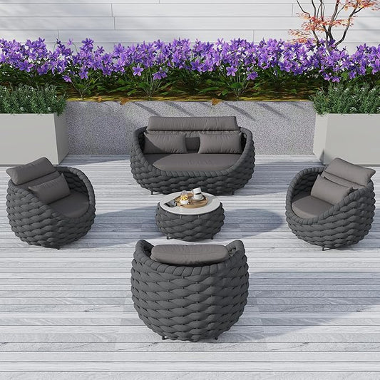 TWT 5 Pieces Patio Furniture Set, Outdoor Rope Conversation Sectional Patio Sofa with 5 Seater for Backyard, Porch, Modern Armchairs with Thickness Cushions and Side Table, Dark Grey