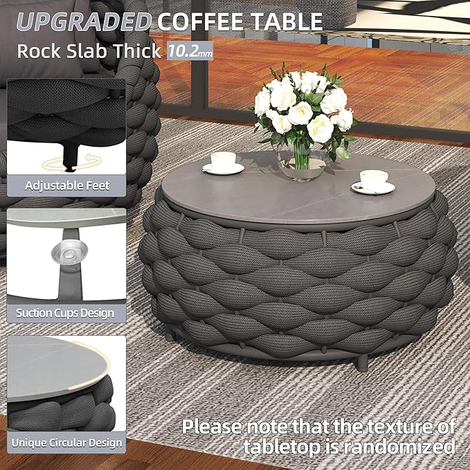 TWT 5 Pieces Patio Furniture Set, Outdoor Rope Conversation Sectional Patio Sofa with 5 Seater for Backyard, Porch, Modern Armchairs with Thickness Cushions and Side Table, Dark Grey