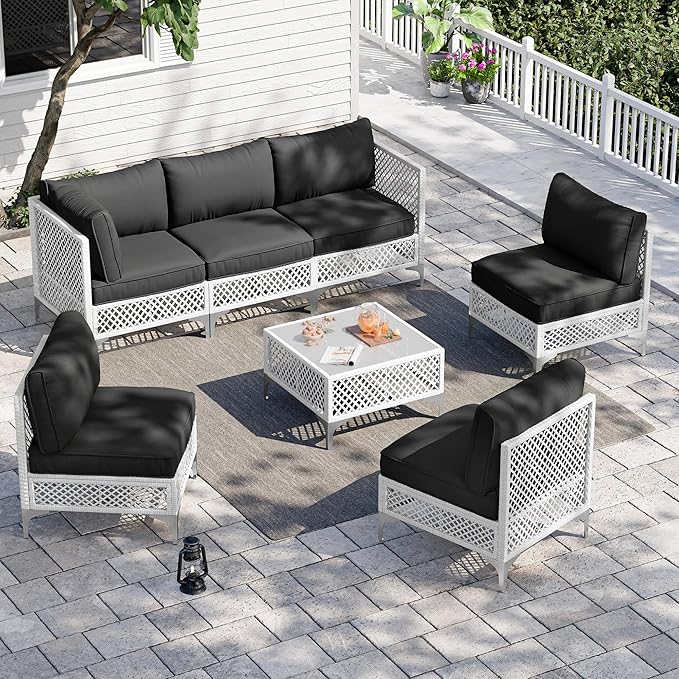 Vikiullf Patio Conversation Set, 7 Piece Outdoor Sectional Sofa Set with Coffee Table, White Wicker with Grey Cushions (White and Grey, 7 piece)
