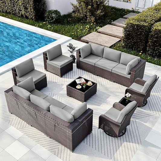 Gotland 12 Pieces Patio Furniture Set with Swivel Chair, PE Rattan Outdoor Furniture with 29.5'' High Backrest 4’’ Thick Cushions Coffee Table, Patio Set for Porch, Deck, Backyard, Gray
