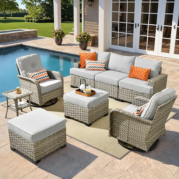 ovios 8 Piece Patio Sectional Furniture with Swivel Rocking Chairs, Rattan Wicker Coversation Set with Glowing Coffee Table, Outdoor Sofa Set for Outside Porch Balcony Backyard Pool, Light Grey