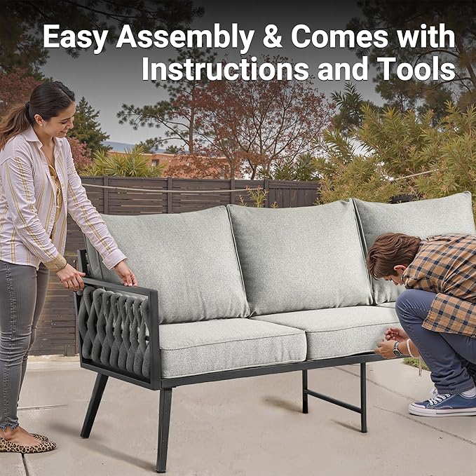 Weaxty Modern Patio Furniture Set 6 Piece, Rope Outdoor Patio Conversation Sets Sectional Sofa Swivel Chairs Table Ottoman, All Weather Metal Balcony Furniture for Backyard Garden, Light Grey