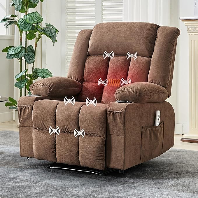Massage Recliner Chair for Adults with Vibration Lumbar Heat Wide Large Ergonomic Reclining Sofa with 8 Massage Nodes 3 Positions Side Pockets Cup Holders