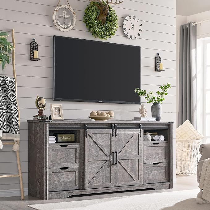 JXQTLINGMU Farmhouse Fireplace TV Stand for 80 Inch TV, 32" Tall Entertainment Center w/Drawer & Sliding Barn Door, 70 Inch Highboy Media Console for Living Room, Grey Wash - Image 3