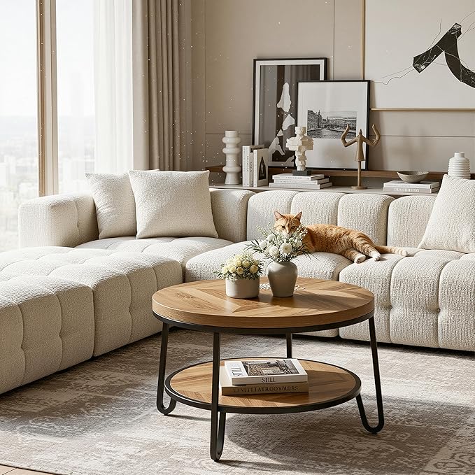 32" Round Coffee Table, Wood Coffee Table for Sectional Sofa with 2-Tier Storage Shelves, Farmhouse Center Table with Wood Grain Desktop, Easy to Assemble