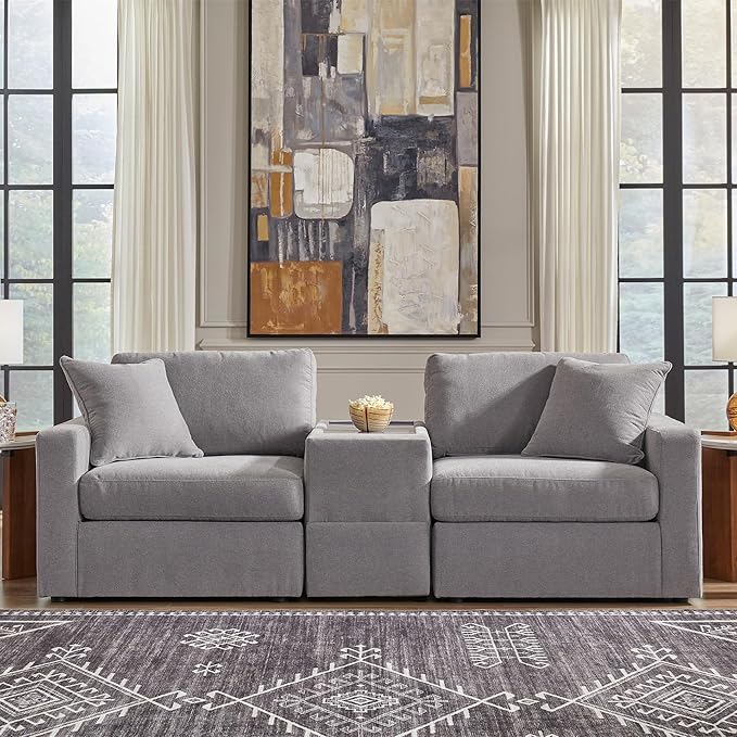 Signature Design by Ashley Modmax Casual Modular Stain Resistant 3-Piece Sectional with Storage Console, Drawer and 2 Accent Pillows, Gray