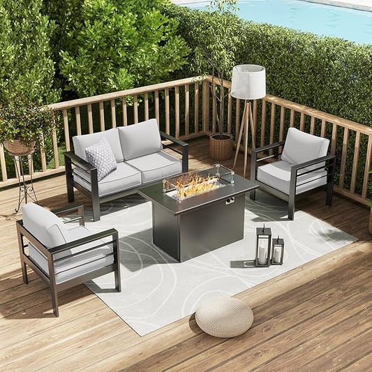 Amopatio Patio Furniture with Fire Pit, 5 Pcs Aluminum Outdoor Sectional Metal Patio Sofa Sets with Aluminum Fire Pit Table for Backyard(Included Waterproof Covers)