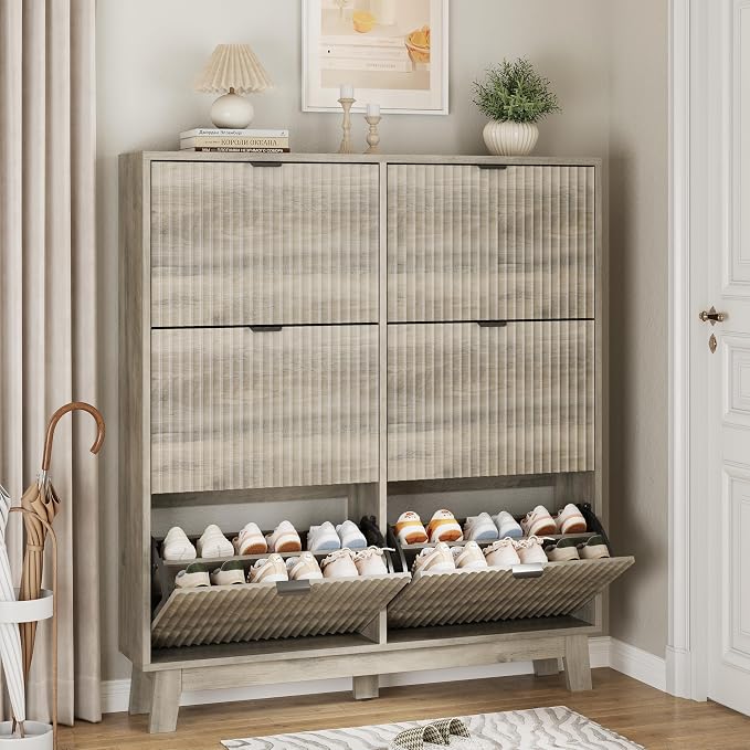 Xixini Shoe Cabinet with 6 Flip Drawers, 54" Tall Narrow Fluted Shoe Storage Organizer for Entryway, Hidden Slim Wooden Shoe Rack Cabinet for Front Door Entrance, Hallway, Living Room, Light Grey by Xixini