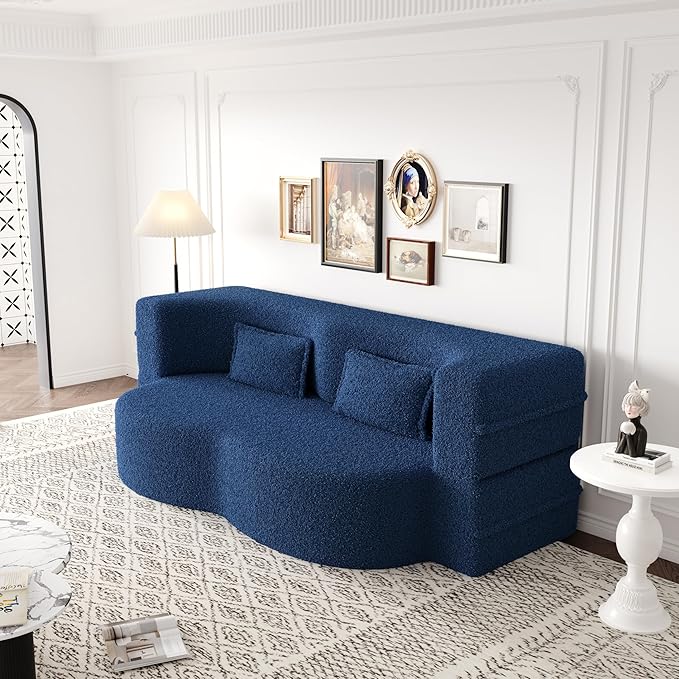 Ball & Cast 78" Floor Sofa Bed with 2 Pillows,Convertible Teddy Fabric Foam-Filled Sleeper Sofa Bed,Pull Out Couch Full Size Folding Mattress for Living Room,Playroom,No Assembly Required,Blue