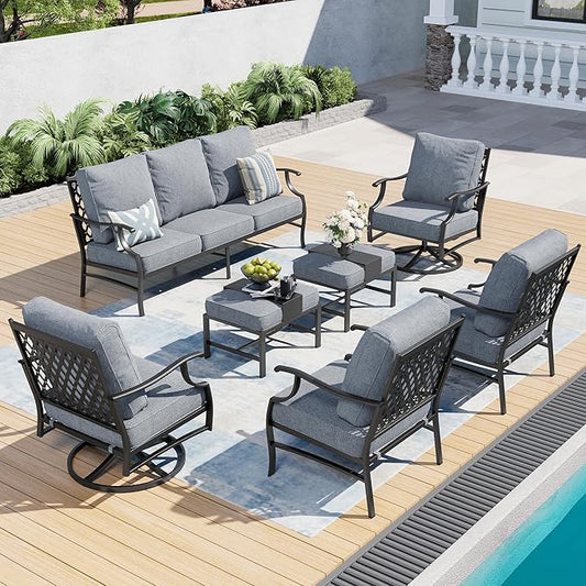 7 Piece Metal Outdoor Patio Furniture Set, Patio Conversation Sets 1 3-seater Sofa, 2 Fixed Chairs, 2 Swivel Chairs, 2 Ottomans with 5.75" Thick Cushion, Black Backyard Furniture, Gray