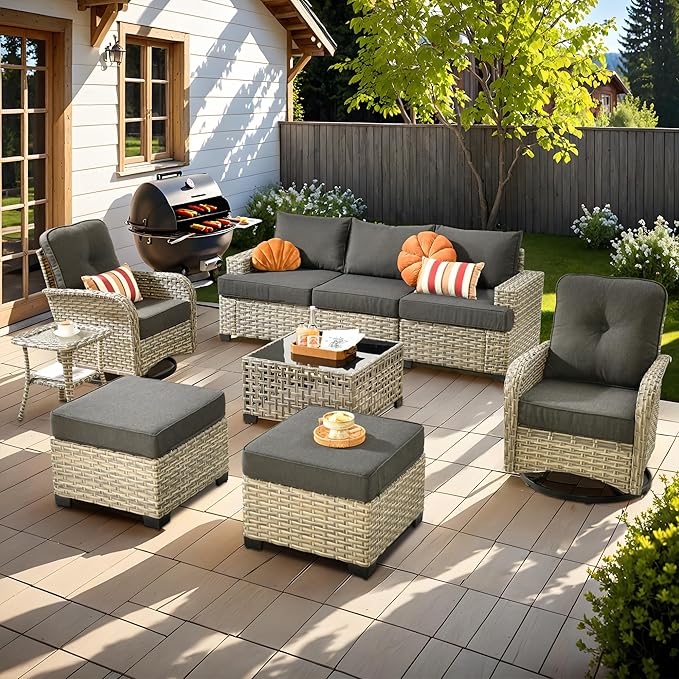 ovios 9 Piece Patio Sectional Furniture with Swivel Rocking Chairs, Rattan Wicker Coversation Set with Glowing Coffee Table, Outdoor Sofa Set for Outside Porch Balcony Backyard Pool, Black
