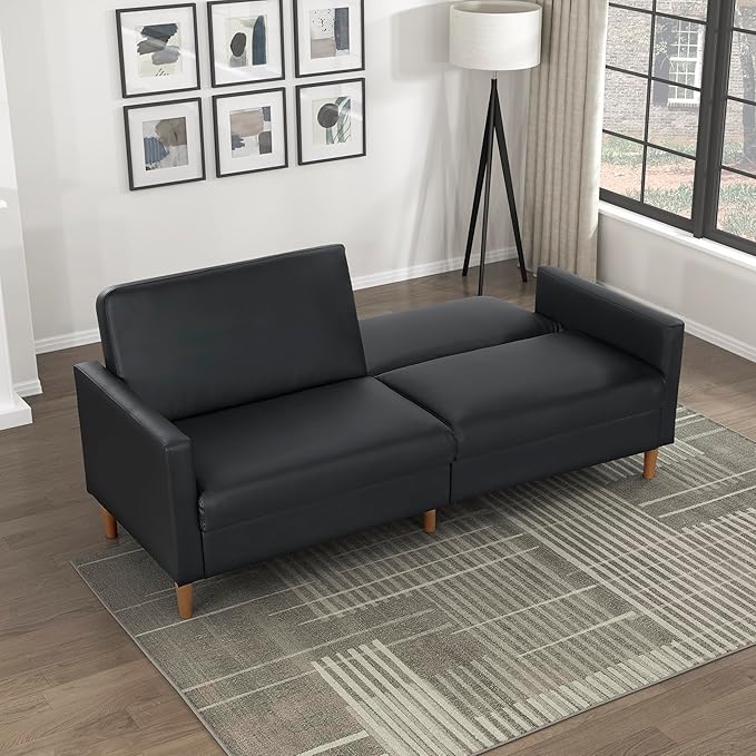 Lexicon 79"W Convertible Futon Sofa Bed, Loveseat, Faux Leather Upholstered Couch Sleeper, Adjustable Backrests, Padded Pocket Coil, Solid Wood Legs for Living Room, Bedroom, Apartment, Office, Black