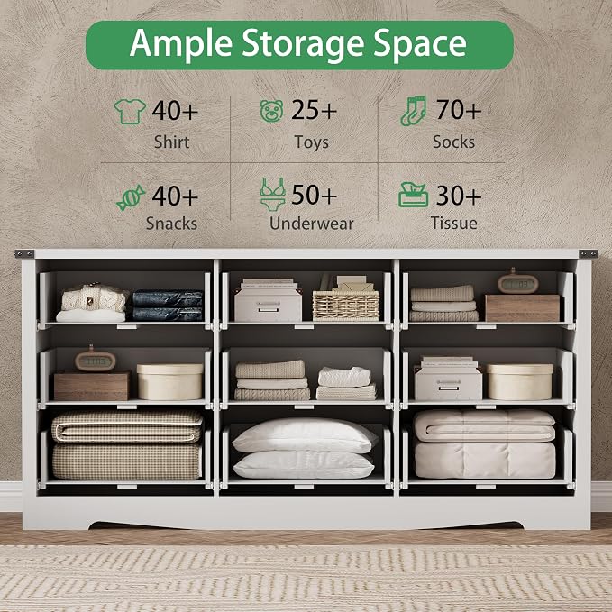 Dresser for Bedroom with 9 Drawers, 59" Wide Modern Chest of Drawers with Deep Drawers & Mental Handle, Wood Dresser TV Stand, Wooden Closet Storage Organizer for Living Room, Hallway, Entryway, White - Image 4