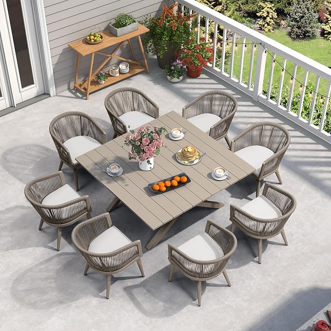 PURPLE LEAF Outdoor Dining Set for 8 All-Weather 9 Piece Patio Aluminium Dining Large Square Table and Rope Weave Chairs Included Cushions for Backyard Deck Indoor Patio Furniture Set Champagne by PURPLELEAF