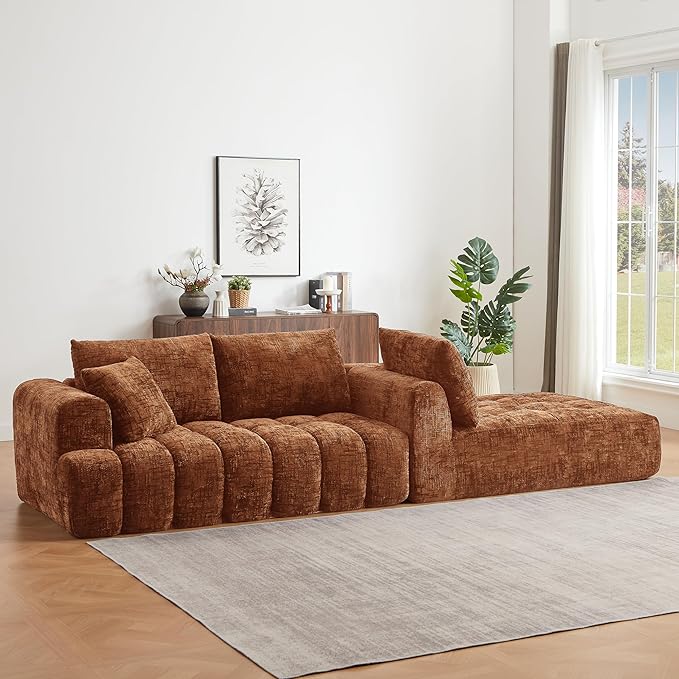 Tufted Chenille Cloud Modular Sectional Sofa,Oversized 2-Piece Right Facing Boneless Couch with Chaise Lounge, L-Shape Floor Lounge Sofa with 2 Throw Pillows for Living Room, No Assembly Required